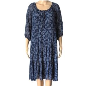 NWT Rosemarine Silk Blend Blue White Floral Tiered BOHO Hobo Prairie Dress SZ L